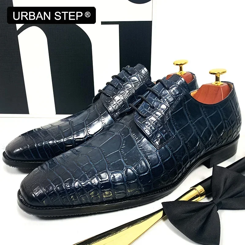 URBAN STEP ITALIAN MEN LEATHER SHOES BLUE BLACK CROCODILE PRINT LACE UP CASUAL DRESS MAN SHOE OFFICE WEDDING SHOES FOR MEN