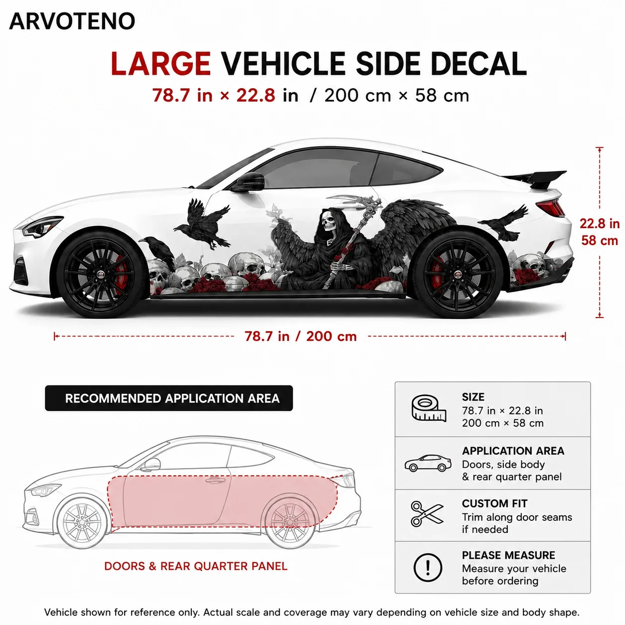 ARVOTENO 2pcs Scythe Holding Reaper Raven Car Side Wraps, Self-Adhesive PVC Waterproof & Scratch-Resistant Stickers