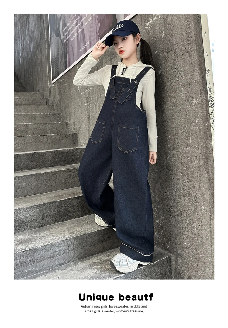Kinder Vintage Dunkelblauer Denim-Overall für Mädchen, Modischer Jumpsuit, High-Street-Oberbekleidung, Kinder-Teenager-Latzhose mit Trägern, Größe 5-14 – Detail 7