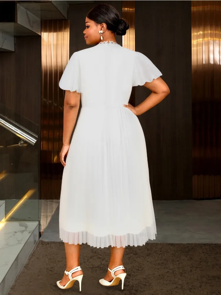 Plus Size Elegant Pleated A Line Midi Dress for Women with Lace and Belted Waist Perfect for Church Events or Formal Gatherings