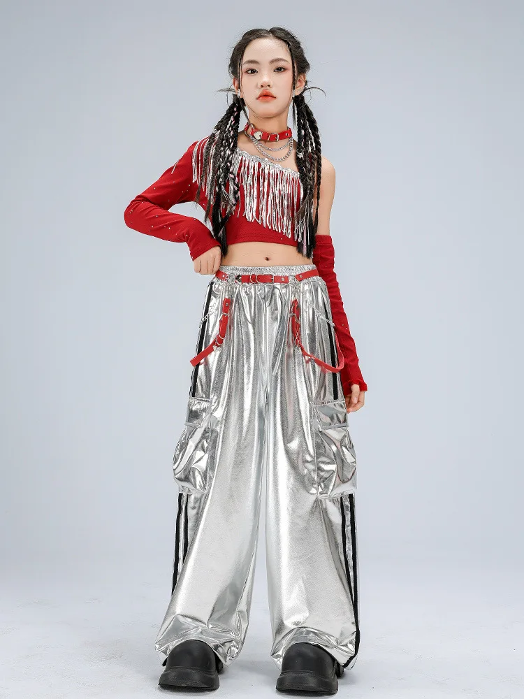 

Крутой топ с пайетками и открытыми плечами в стиле K-pop для девочек, брюки-карго ‌ Детская одежда в стиле хип-хоп, уличная мода, комплект для джазовых танцев для девочек