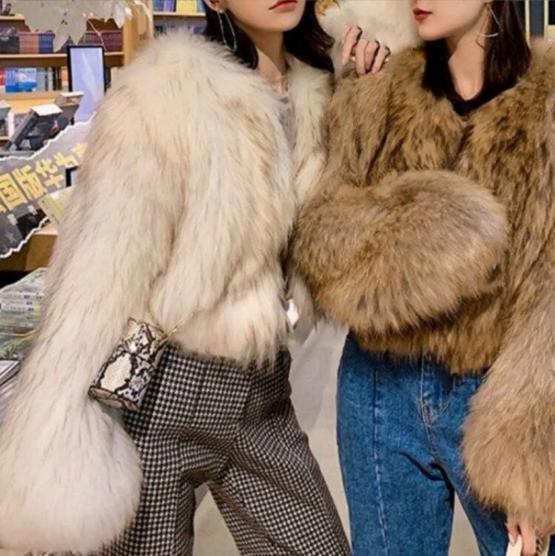 2023 Women Winter Faux Fox Fur Coat Korea Fashion Elegant Warm Coats Loose Outercoat Lady Party Club Outfits Casual White brown