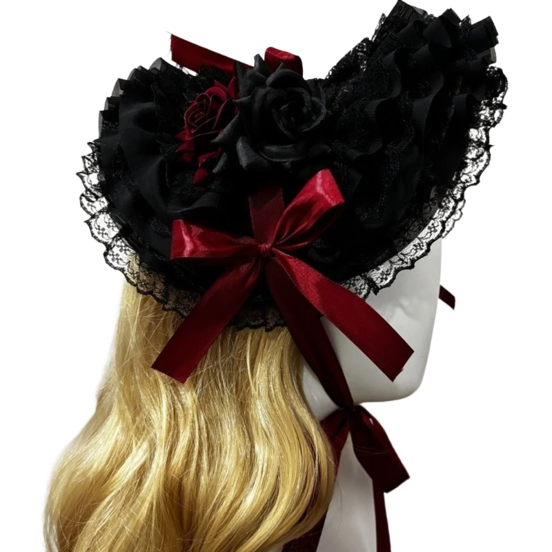 Y5GC Gothic Woven Straw Bonnet Hat With Lace Trim Bowknot For Women Costume Event