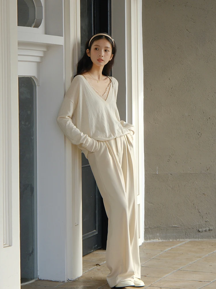 

ChillCozy Classic Cotton Wool Blend V-Ne Knitwear Versatile Layering Top Comfortable Commute Sle Long Sve Loose Fit