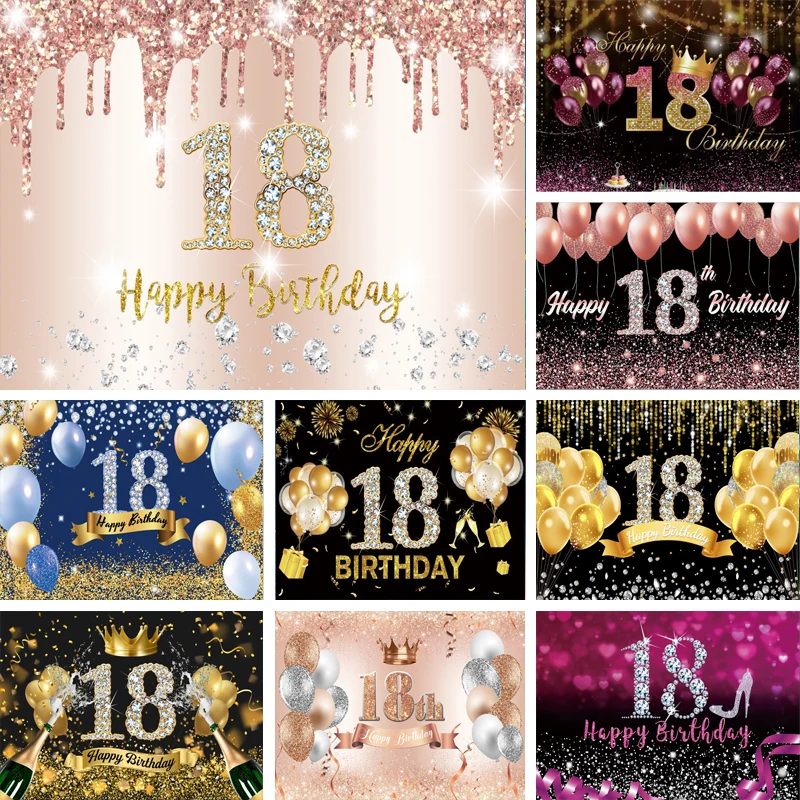 

18th Birthday Backdrop Rose Gold Glitter Diamonds Photo Background For Boys Girls Birthday Party Decorations Cake Table Banner