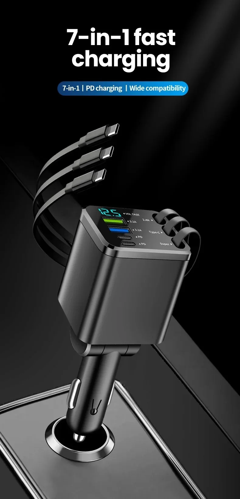 Typ-C Handy-Autoladegerät 7-in-1 mit Erweiterungskabel, Dual-Port USBPD Schnellladegerät für Zigarettenanzünder im Auto – Detail 1