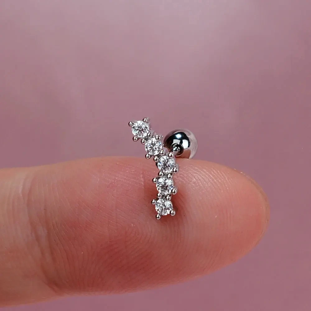 Curved CZ Cartilage Stud Moon Leaf Earring, Stainless Steel