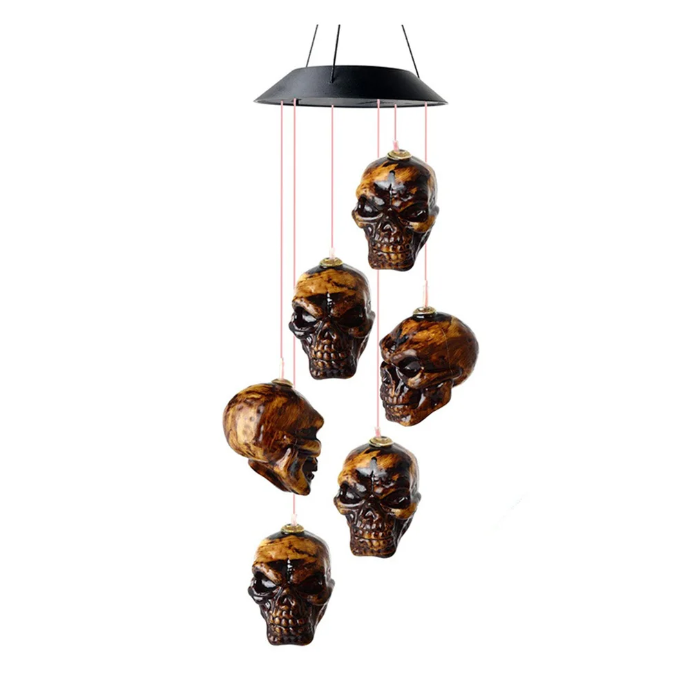 1 قطعة شكل الجمجمة الشمسية الرياح جرس مصباح هالوين معلقة ضوء مشرق في الهواء الطلق حديقة قلادة ديكور الرياح جرس مصباح