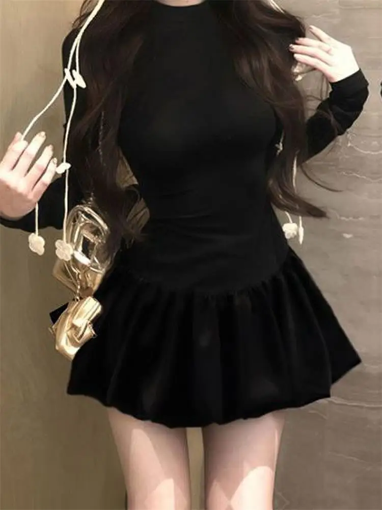 Women Slim Long-Sleeve Dress Half High Collar Puffy Dress Autumn and Winter Party Solid Color Dresses Black Fashion Elegant