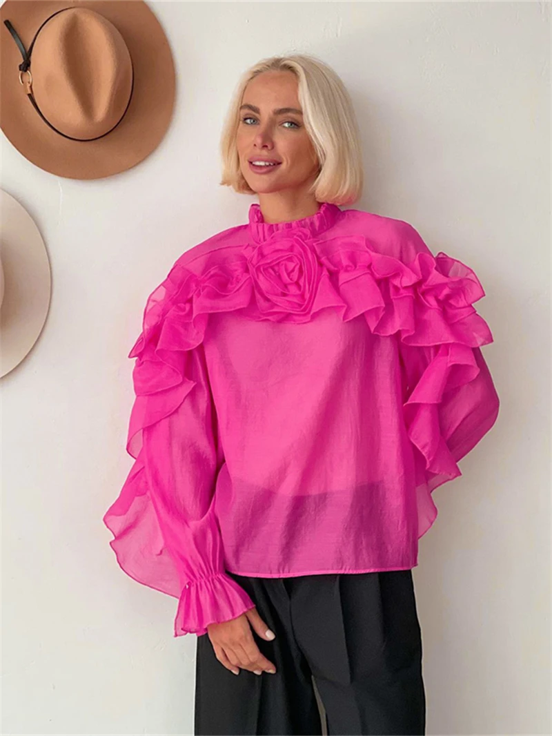 Elegant Ruffles Shirts Blouses Autmn Clothes Women 2024 Fashion Flowers Long Sleeve Loose Shirts Party Club Stand Collar Tops