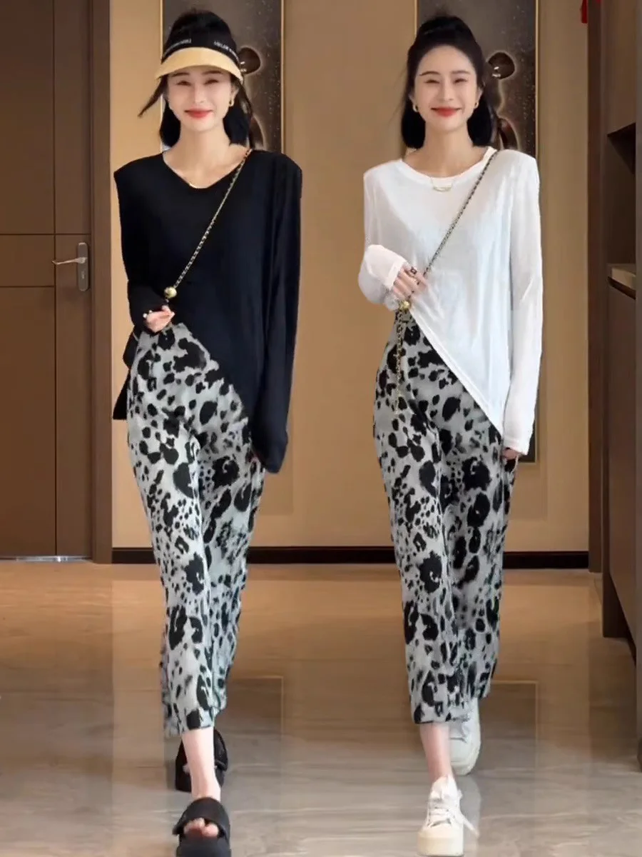 

Женский летний комплект больших размеров, длинная футболка с леопардовым принтом и юбка с высокой талией, солнцезащитный повседневный наряд