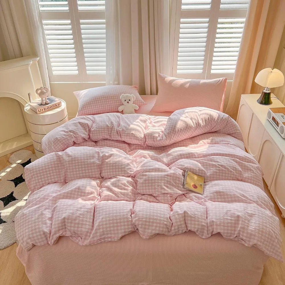 Pink Gingham Duvet Cover Twin XL 100% Washed Cotton Plaid Comforter Cover with 2 Pillowcases