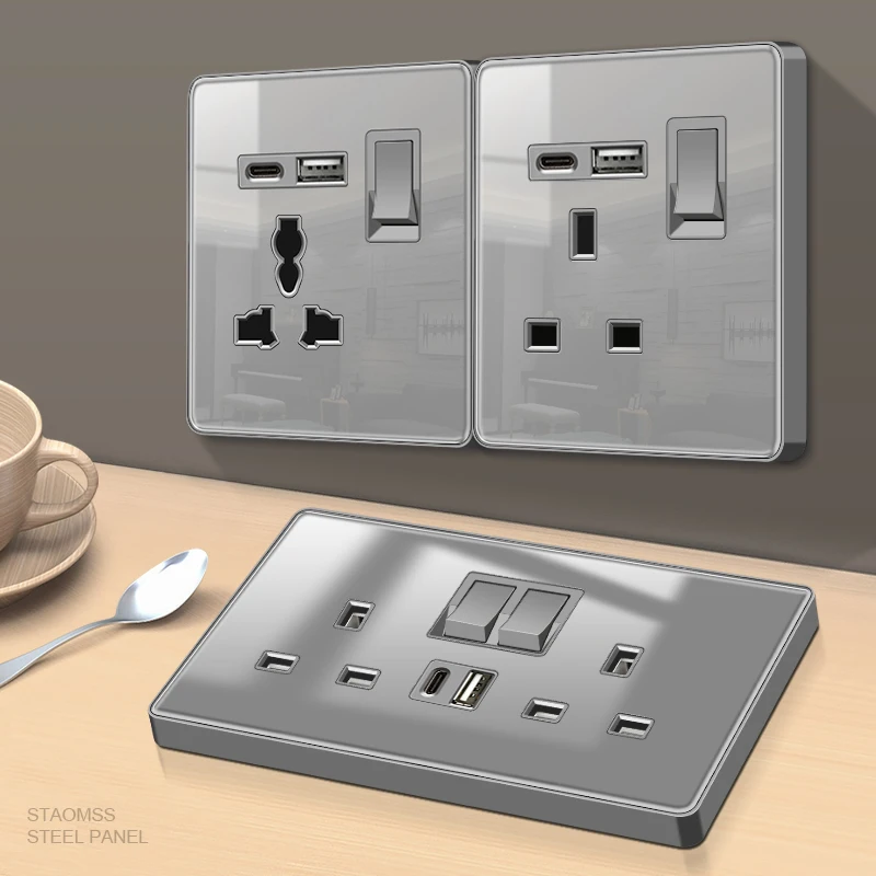 PSSRISE EU UK Wall Switch Socket with 5V 3.1A USB Type-c Fast Charger Full Tempered Glass Panel Light Switch TV Computer Outlet