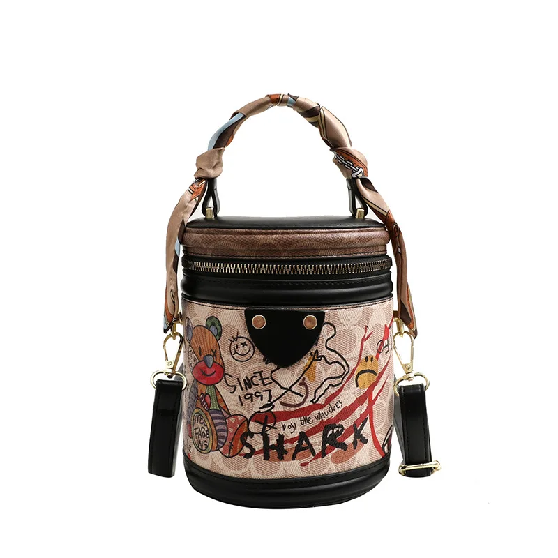 Bag One Graffiti Bucket Shoulder Cylindrical Handheld Crossbody Handbags For Women High-Quality Messenger Versatile Luxury Y2k