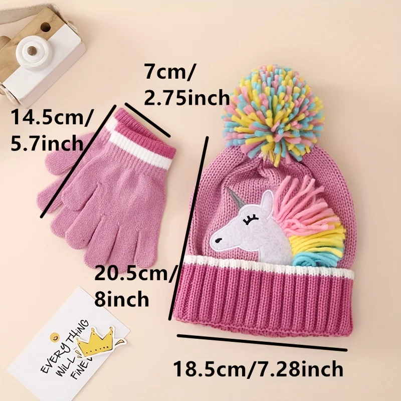 2pcs/set Colorful Woolen Hat With Cartoon Unicorn Knitted Hat & Gloves For Outdoor, Girl Gift