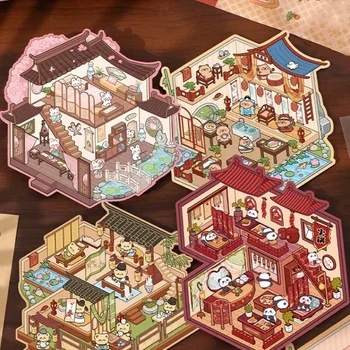 Chinatown dos desenhos animados diy adesivo altamente jogável bolso cabine cena empilhamento colagem festival presente de aniversário para criança