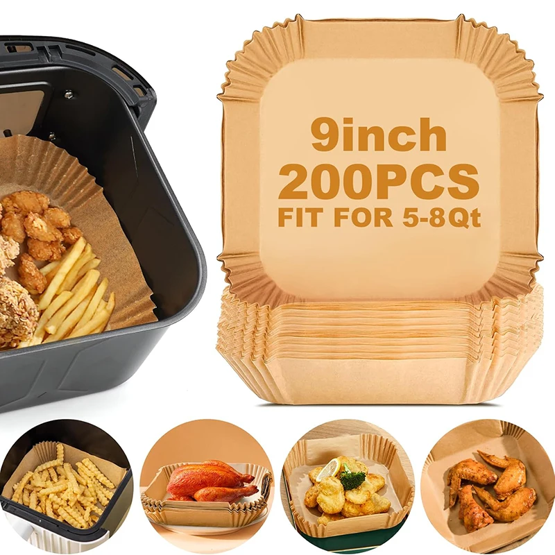 50–300 Stück große Heißluftfritteusen-Papiereinlagen, 23 cm, quadratisch, Airfryer, Einweg-Spezialpapierschalen für Pergamentpapier, 9-Zoll-Ofen-Backformen