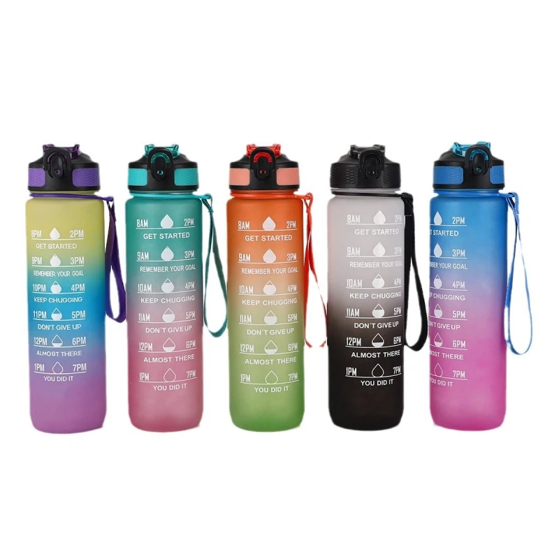 

1000ML Outdoor Fitness Travel Cold Water Bottle With Rope Straw Gradient Colored Plastic Water Cup Large Capacity Space Cup