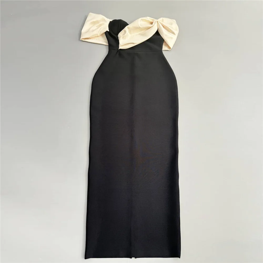 

Sexy Off-Shoulder Folds Contrast Color Bandage Dress Women Black Strapless Pleats Bodycon Long Dresses 2025 Evening Party Gowns