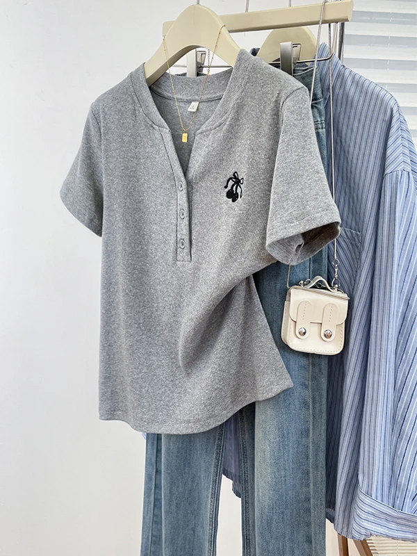 Koreaanse Sle Button up Puur Katoen V Ne ort Sve T irt Casual Zomer Afslanken Veelzijdige Dames Faion Chic Top