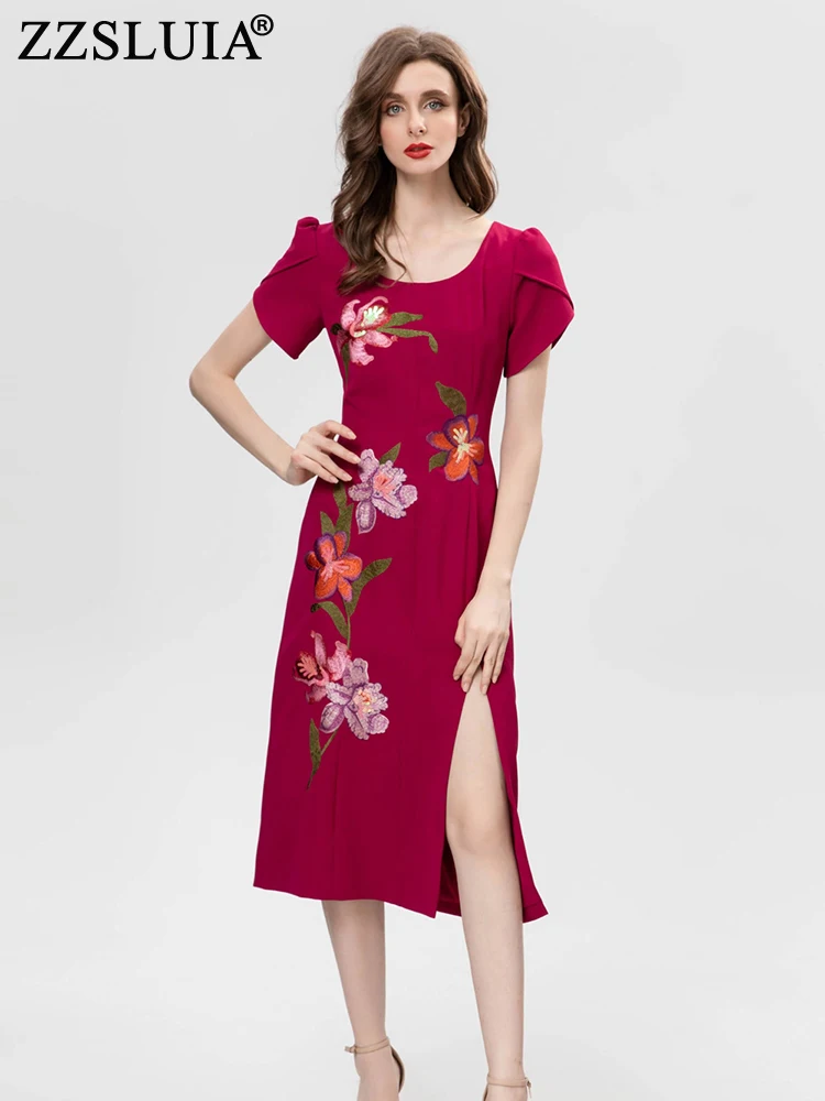 

ZZSLUIA Heavy Embroidery Patchwork Designer Slim Midi Dress Fashion O Neck Short Sleeve Sequined Slit Dress France Dresses Cloth