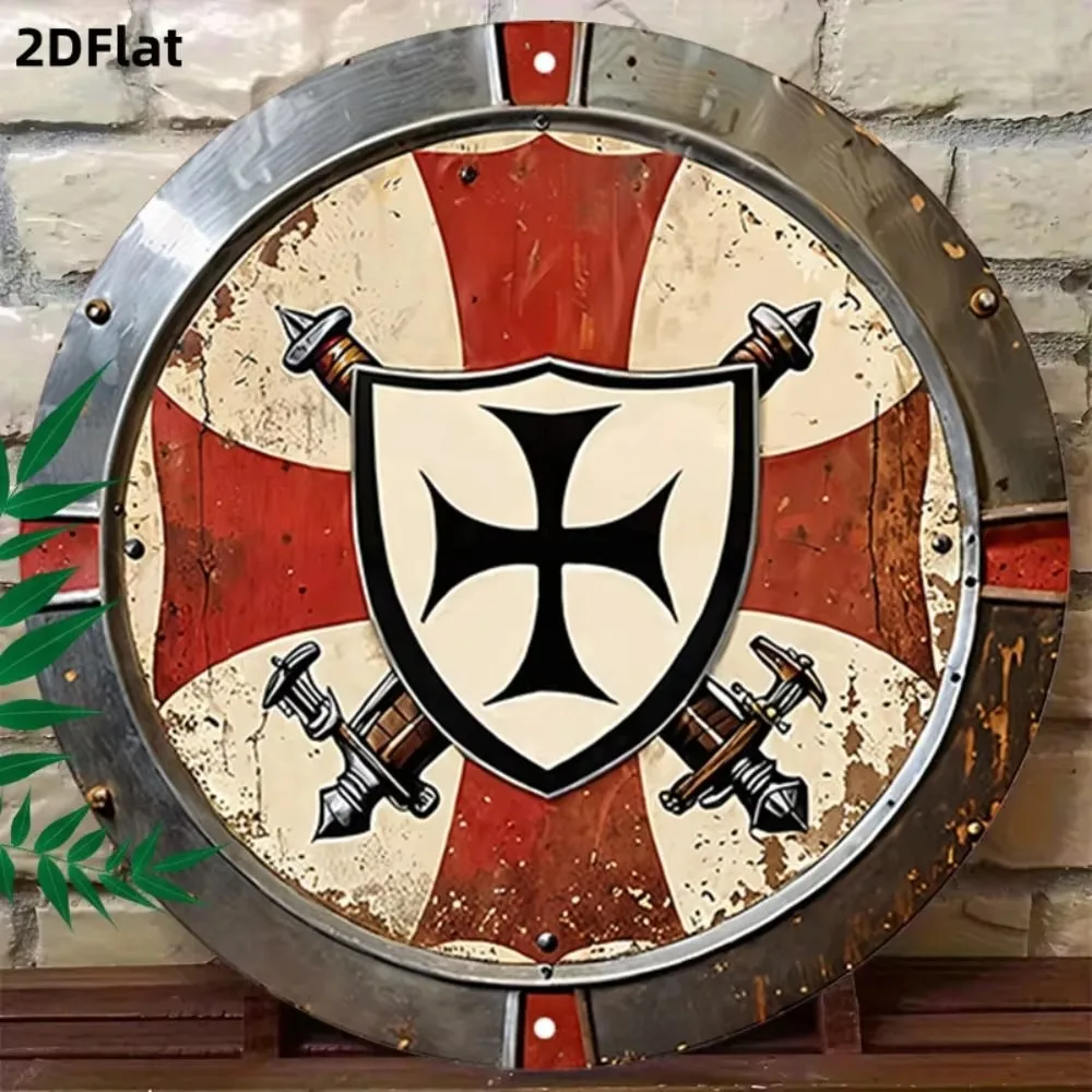 CIFBUY Medieval Knight Shield Metal Sign Cross Swords Emblem Tin Poster Vintage Wall Art For Home Cafe Bar Living Room Decor Gif