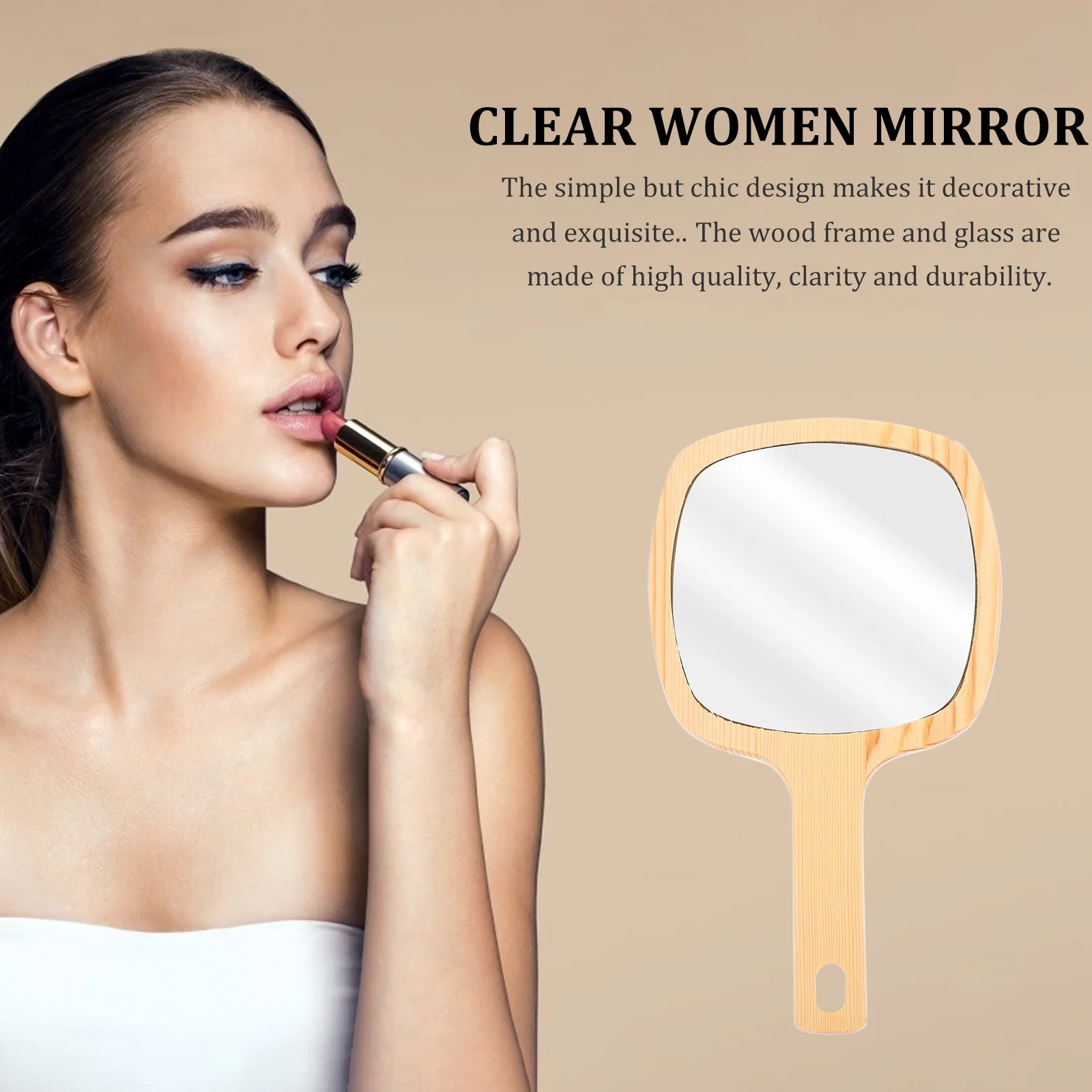 1Pcs Wooden Handle Makeup Mirror Creative Design Chic Gloss Lightweight Durable Practical Gift for Women Co-Worker