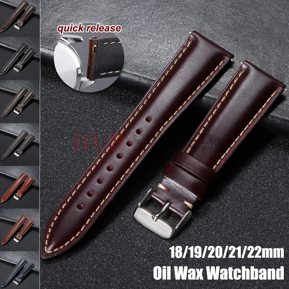Universal Vintage Oil Wax Leather Watch Straps 18mm 19mm 20mm 21mm 22mm Brown Head Layer Watch Band Men Accessories Pin Buckle