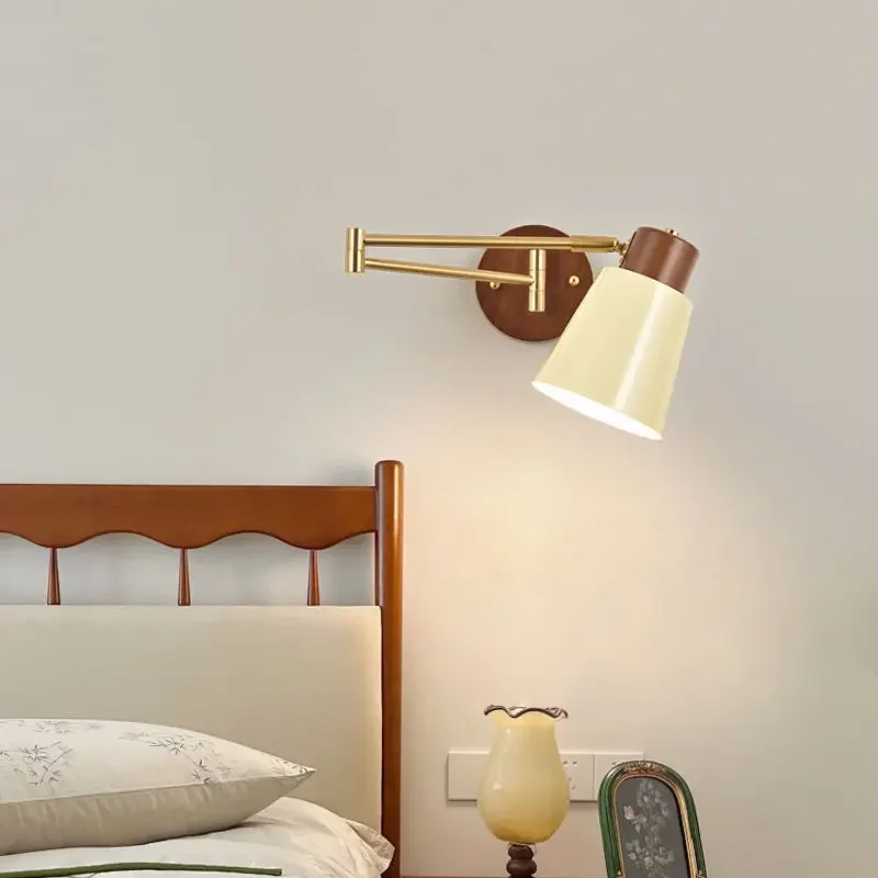 Simplicity Nordic Solid Wood Elescopic Swing Arm LED Wall Lamps Indoor Art Lustre Lights for Bedroom Home Decoration Chandelier