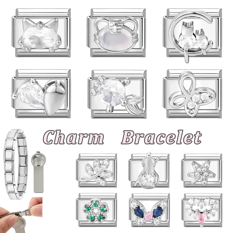 الزركون القلب القوس الكرز الصليب ستار القمر اللؤلؤ الصلب اللون الإيطالية سحر الروابط صالح 9 مللي متر الفولاذ المقاوم للصدأ سوار النساء DIY بها بنفسك صنع