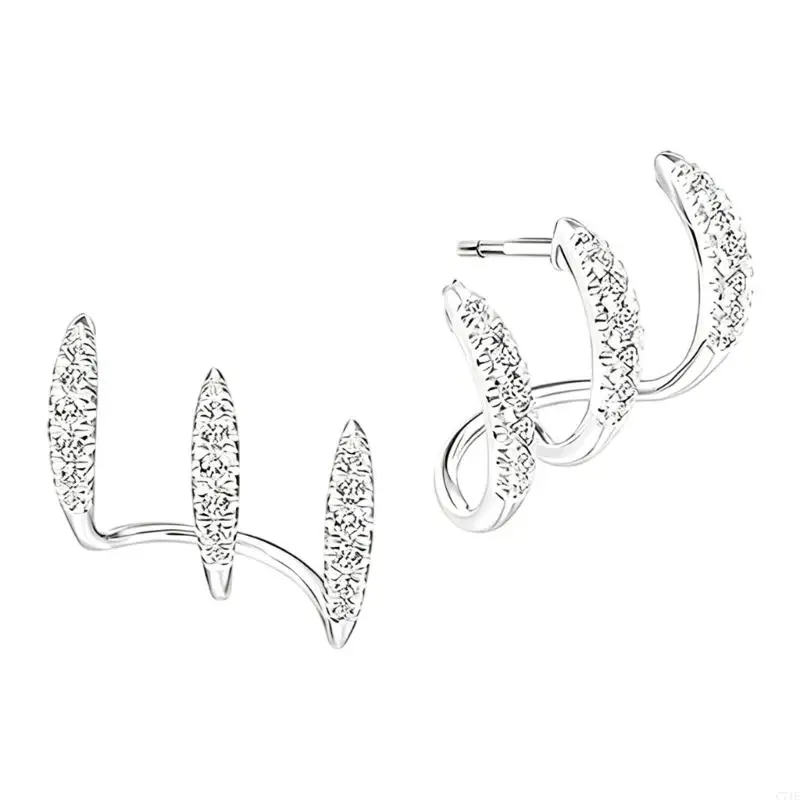 Triple Row Curved Earrings for Women, Bright Stone Detail Pair with Ear Framing for Commute Date Party Looks