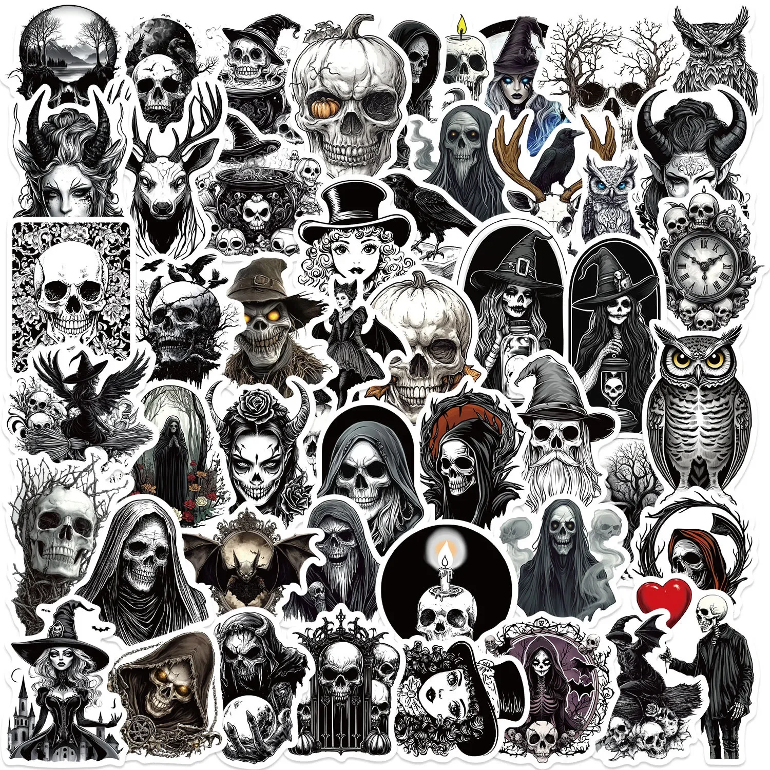 50 Pcs Cartoon Black & White Skeleton Graffiti Stickers Decorate Guitar Notebook Luggage DIY Waterproof Stickers For Gifts