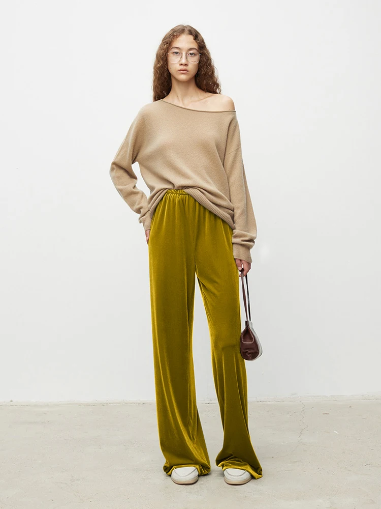 Elegant High-Waist Velvet Elastic Wide Leg Pants Women's Casual Trousers Comfortable Fit Straight Cut Commute Style Polyester...