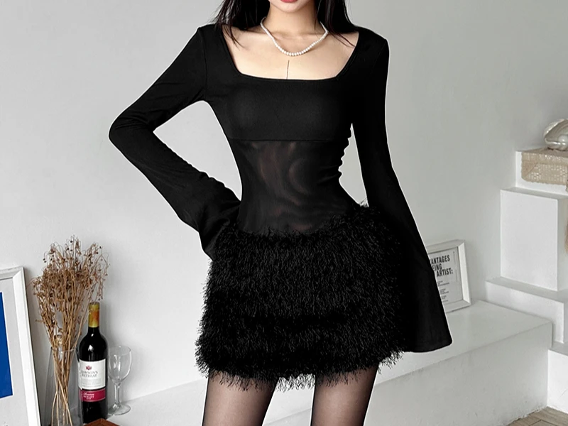 

2025 Autumn New Black Long Sleeve Square Neck Dress Mesh Slimming Short Skirt