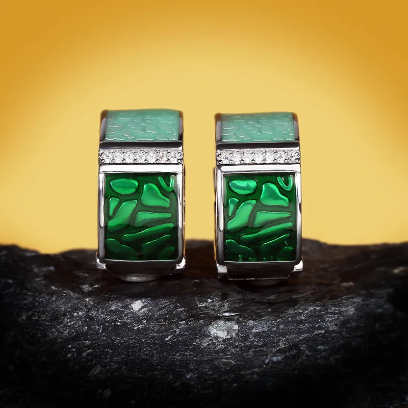 

925 Silver Plated Green Square Sparkling CZ Stud Chic Fine Jewelry Handmade Enamel Silver Earrings for Women Genuine