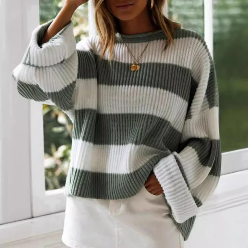 

Осень-зима винтажный полосатый свитер с цветными блоками свободный вязаный пуловер с круглым вырезом в ленивом стиле топ