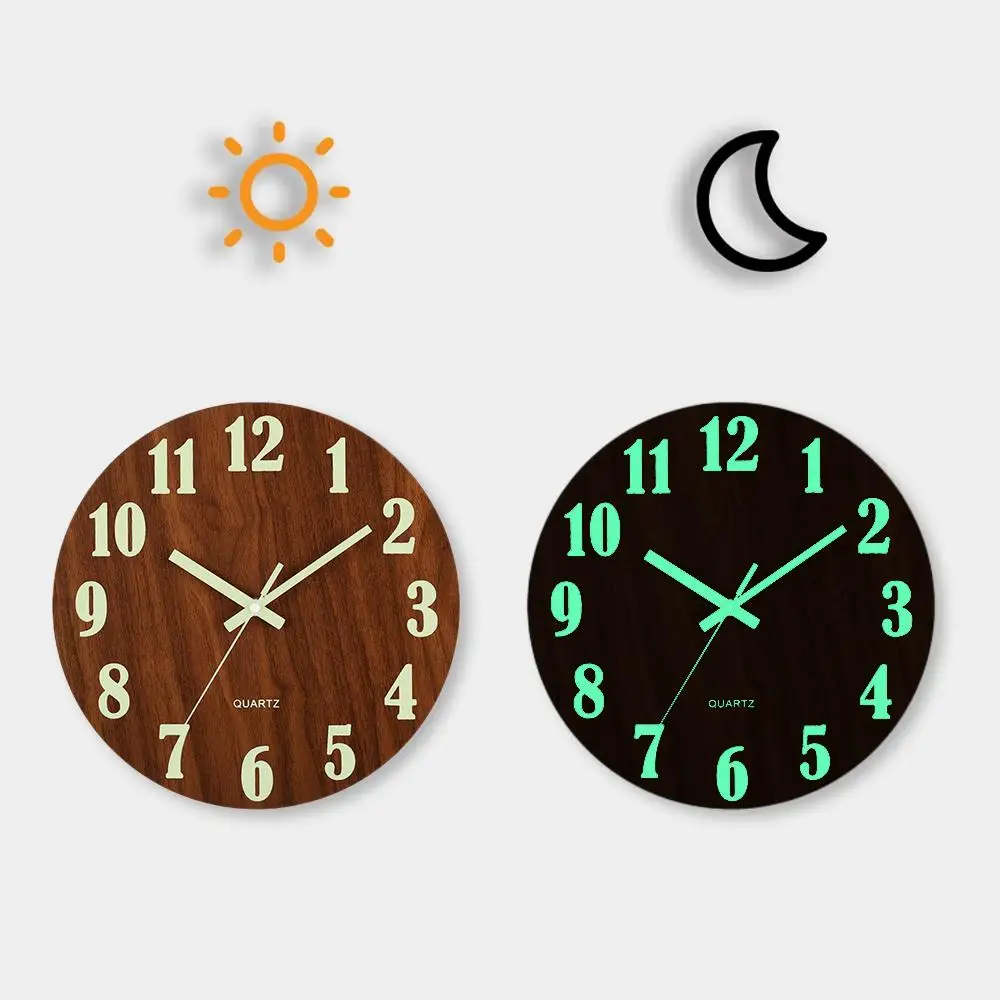 8 Inch Luminous Wall Clock Wood Silent Light in Dark Night Nordic Fashion Wall Clock Non Ticking Clock With Night Light