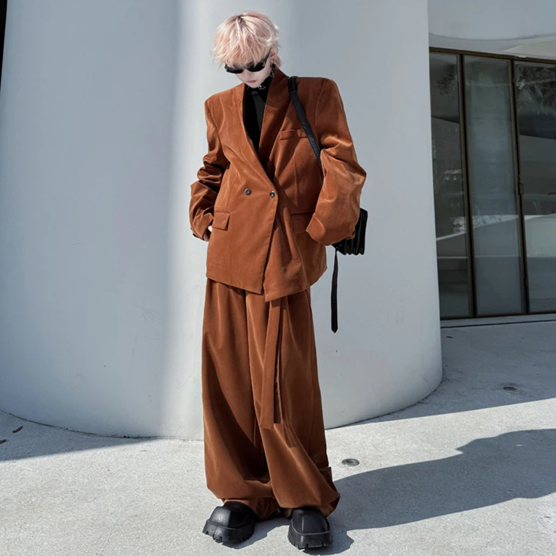 LUZHEN 2025 Spring New Fashion Solid Color Loose Blazer Coat Men's Straight Wide Leg Casual Pants Street Two-piece Sets LZ8405