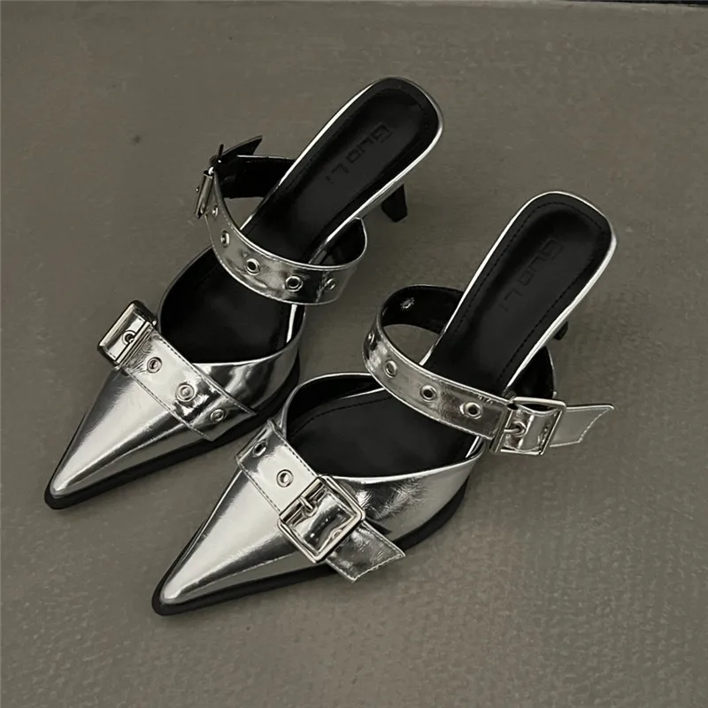 Punk Goth Metal Buckle High Heels Sandals Women Summer Pointed Toe Silver Party Shoes Woman Korean Style Thin Heels Sandals