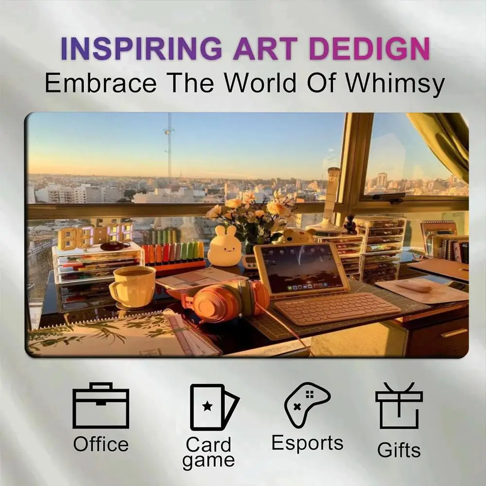 Kawaii Cozy Desk Mat Large Mouse Pad Inspiring Art City View Non-Slip Gaming Desk Pad for Office Card Game Esports Home Gift