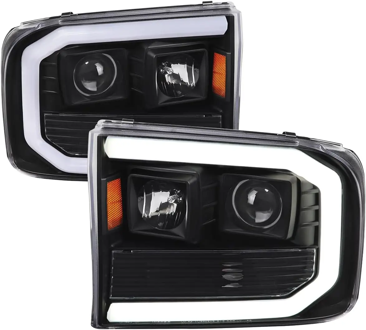 LED Tube Projector Headlights Assembly - Left + Right Pair Compatible with 1999-2004 Ford F-250, F-350, F-450 Super Duty