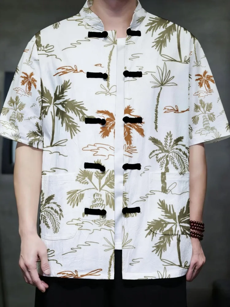 

Summer Men's Chinese Style Mandarin Collar Shirt Bohemian Frog Button Short Sleeve Casual Aloha Top Holiday Male Clothings