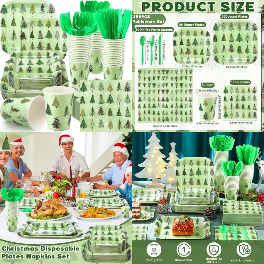 

350 Pcs Disposable Paper Plates and Napkins Set for Large Outdoor Events EcoFriendly Tableware with Green Christmas Tree Design