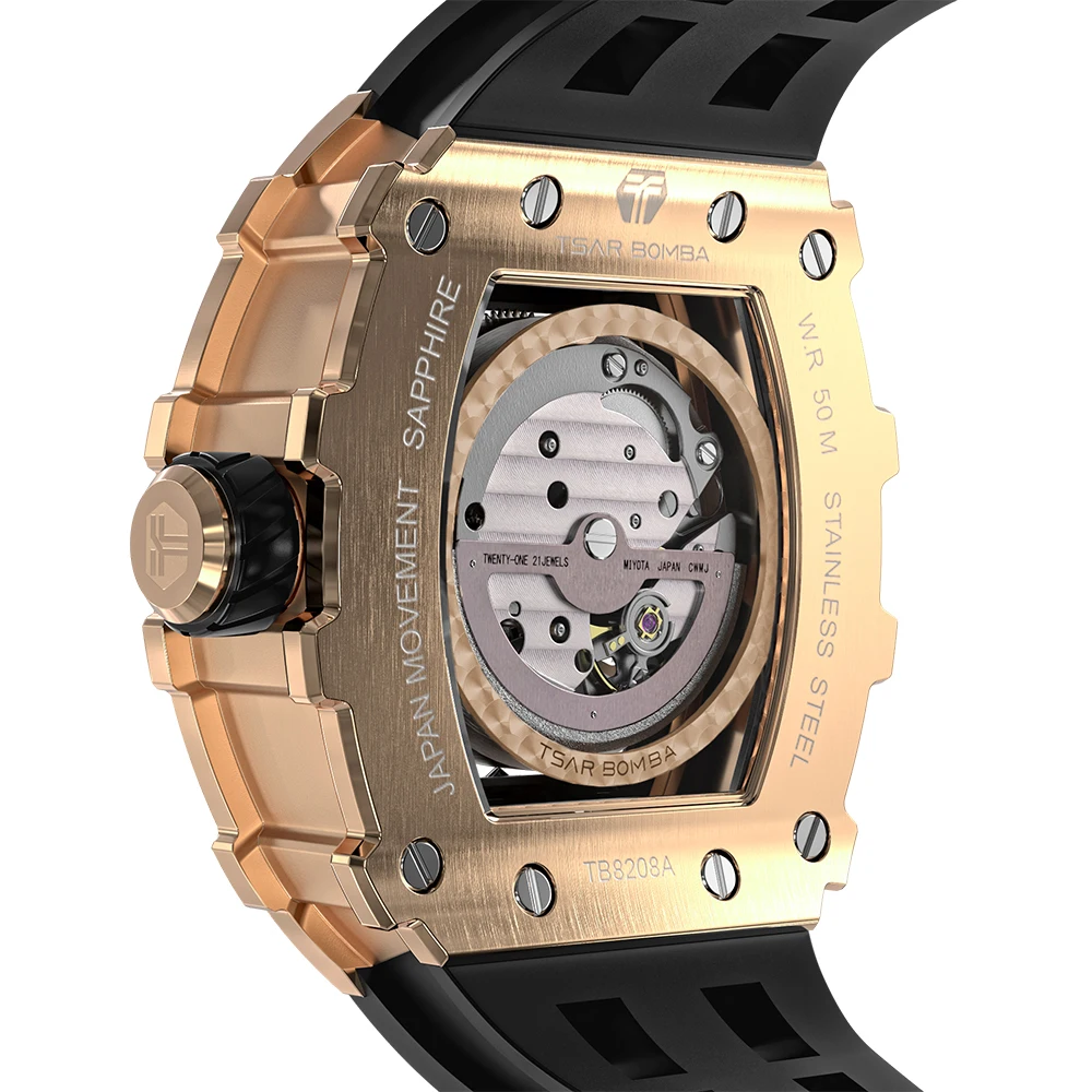TSAR BOMBA Top Brand Automatic Mechanical Watch for Men Waterproof Stainless Steel Tonneau Wristwatch Luxury Mens Watch