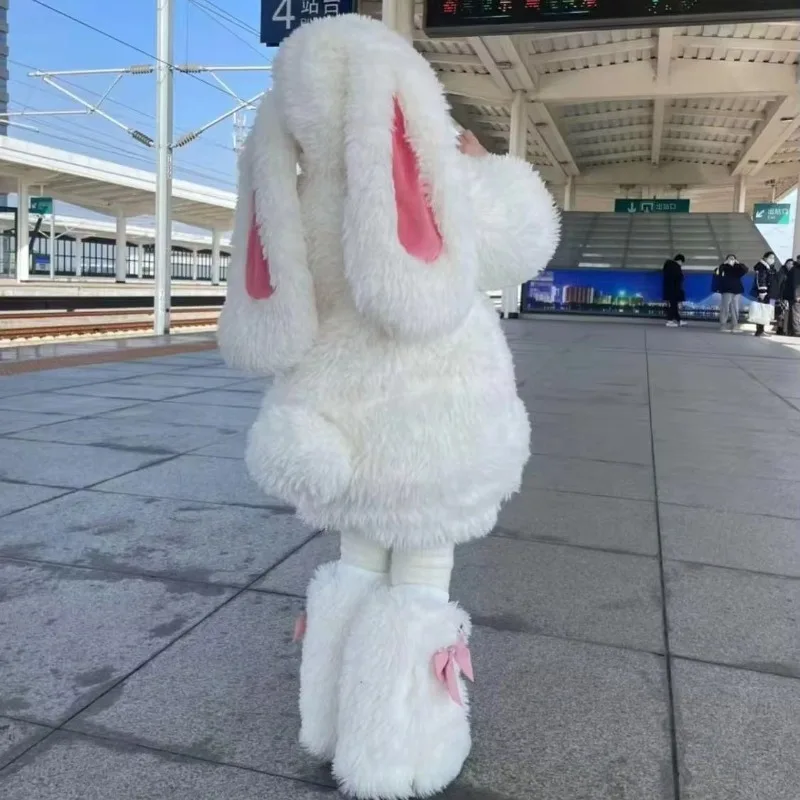 Girls Lovely Cartoon Plush Rabbit Cosplay Costume Kawaii Kids Winter Warm White Bunny Top Pants Hat Halloween Party Outfit Gift - view 2