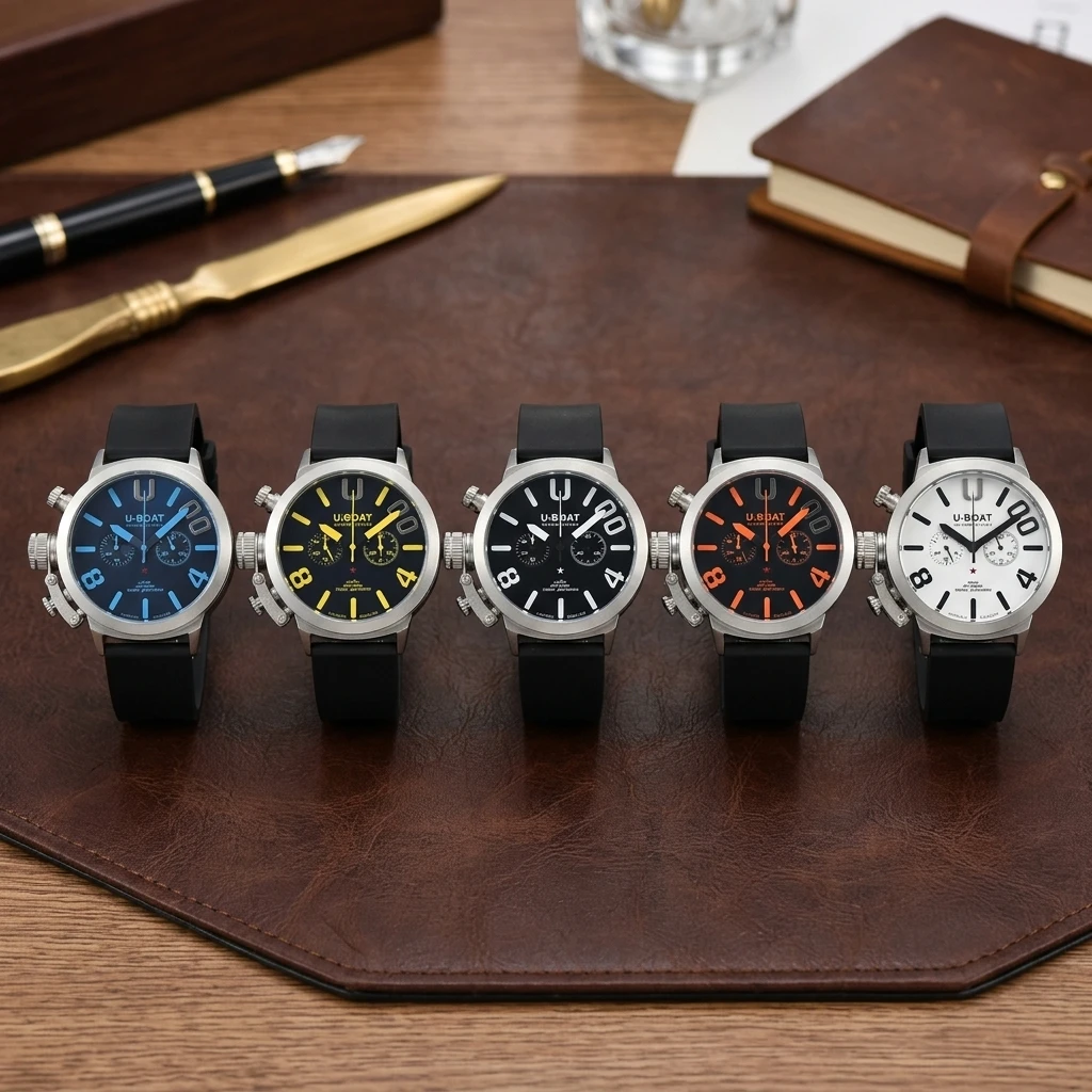 U-BOAT Men's Quartz Chronograph Watch 44mm Stainless Steel Case Silicone Band 1001M Waterproof