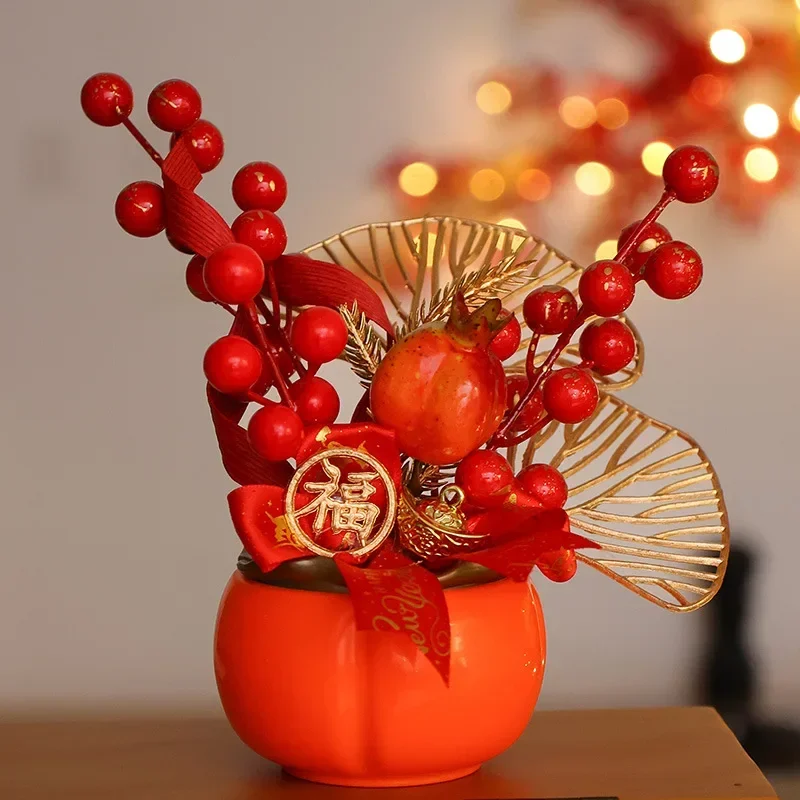 

New Year Decoration Desk Fu Character Flower Pot Red Berry for Wedding Office China Spring Festival Indoor Housewarming Gift