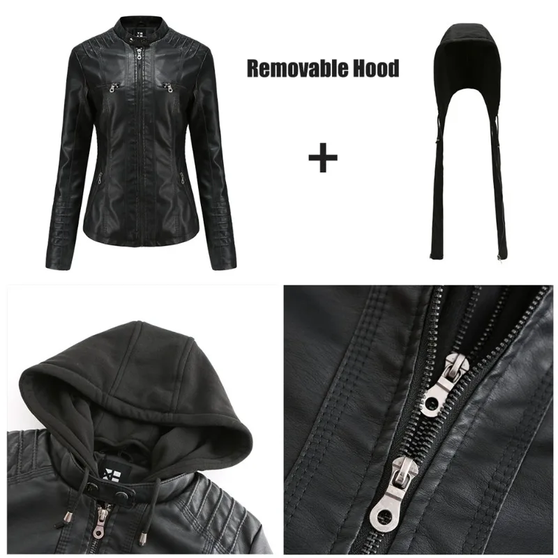 European American Hooded Leather Jacket Two-piece Set Detachable Women's Spring Autumn Women's PU Washed Imitation Leather Coats