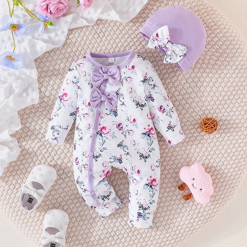 Baby Girl Newborn Onesies Romper 1-18Months Floral Cute bow Clothing Set With Hat Infant Long Sleeve Cute Tiny Button Jumpsuit