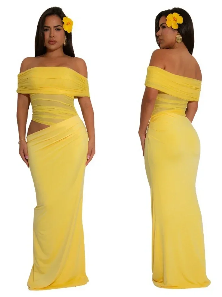 Hermosos vestidos largos fruncidos con hombros descubiertos para mujer, trajes amarillos, Vestido de playa drapeado de malla transparente elegante